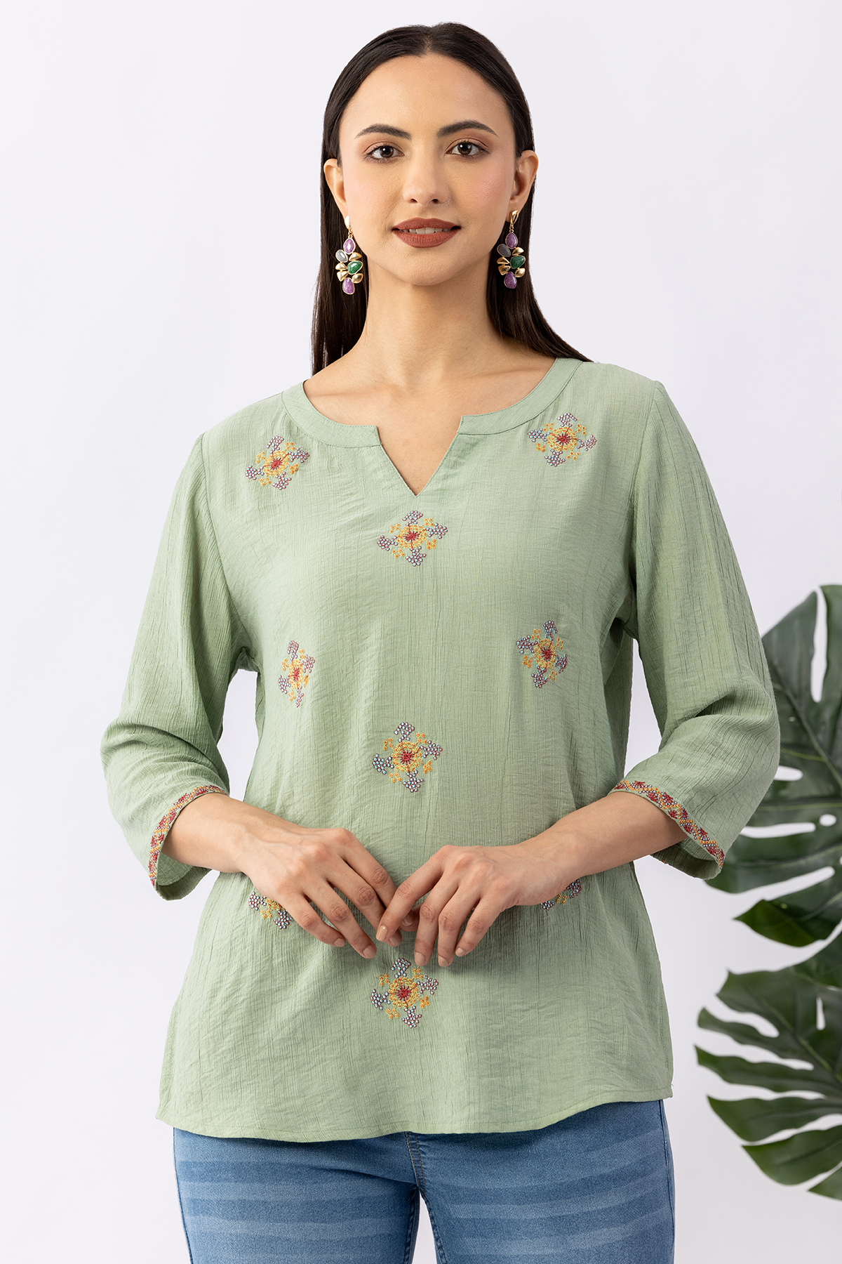 embroidered top women pista green viscose round neck 3/4 sleeves