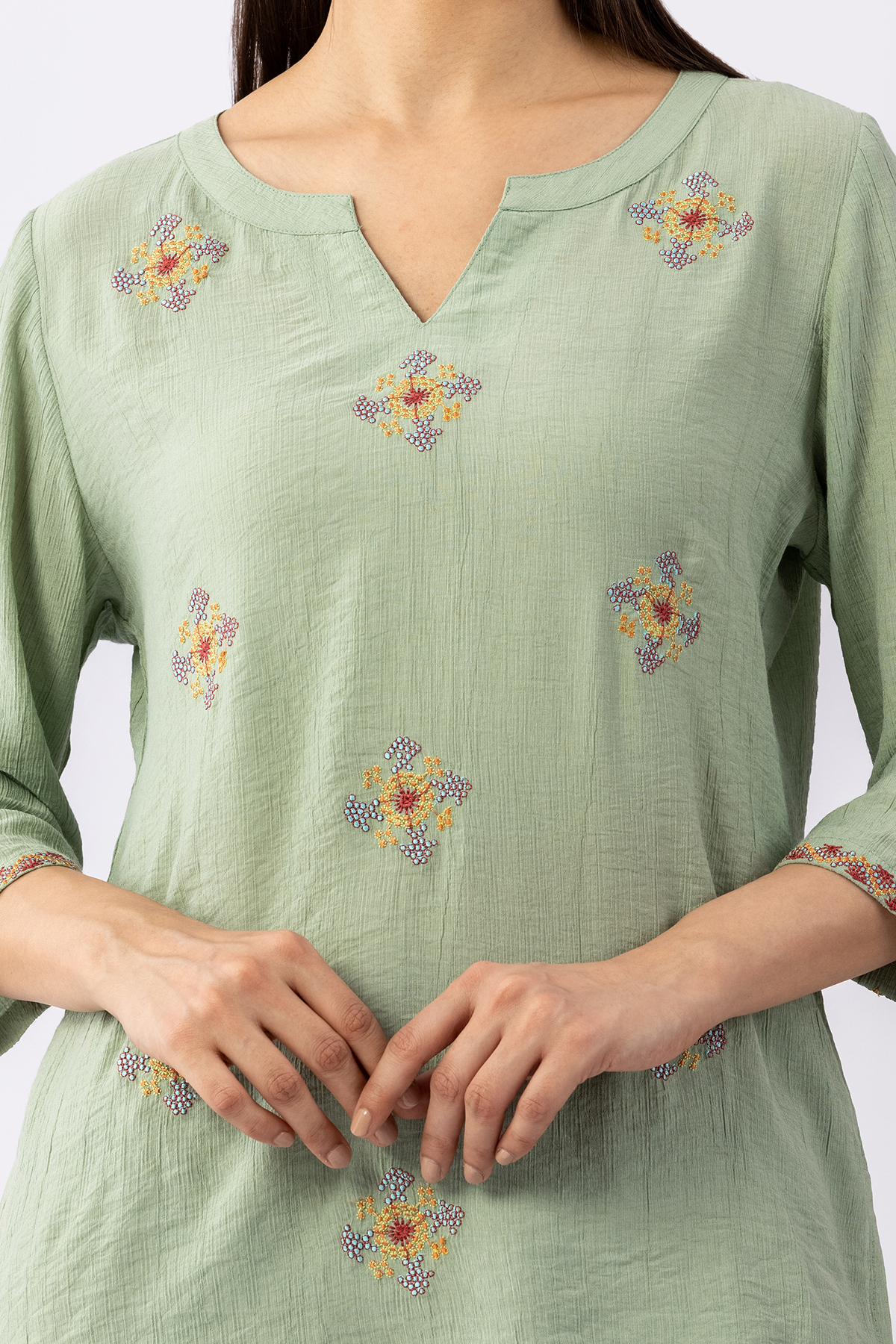 embroidered top women pista green viscose round neck 3/4 sleeves