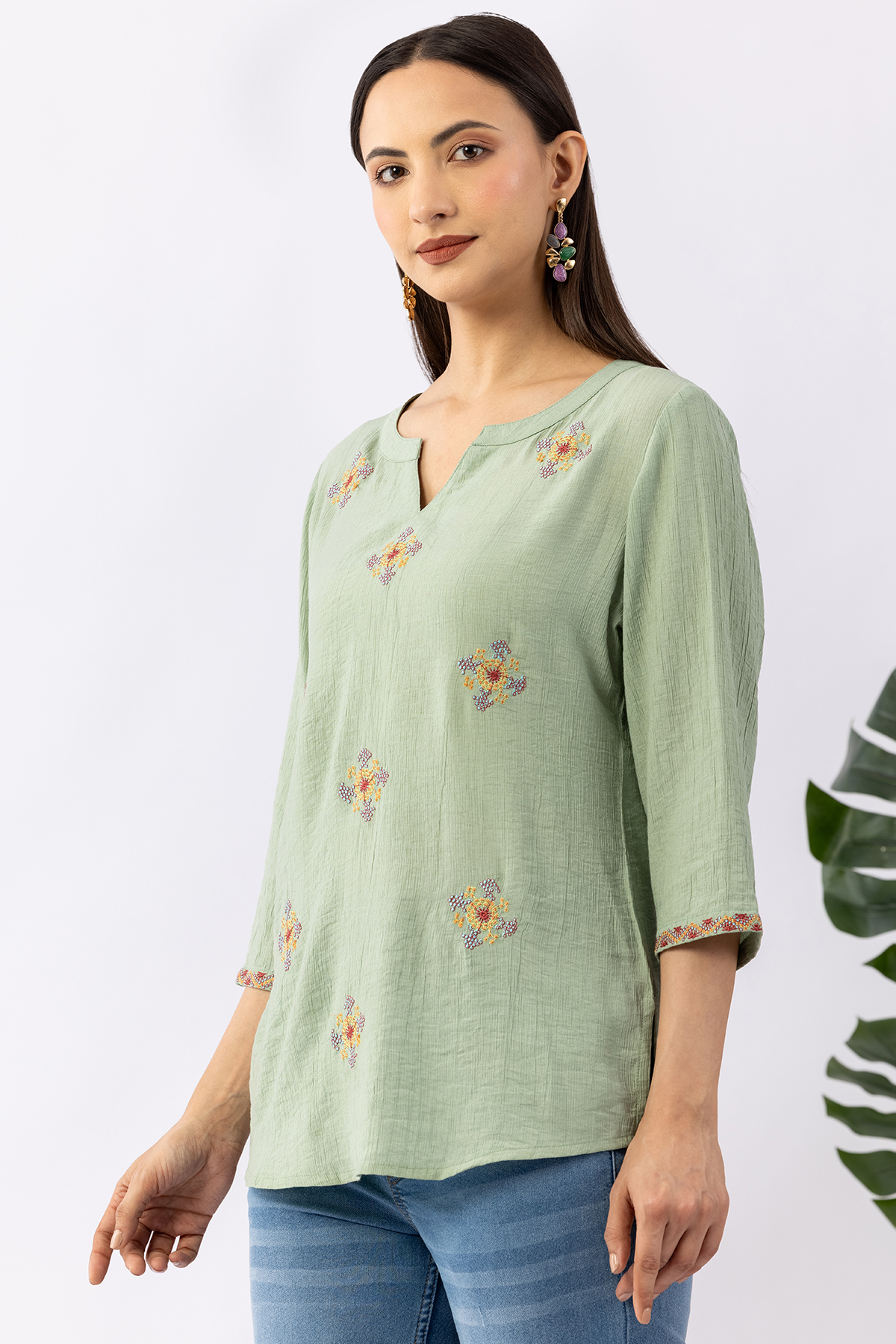 embroidered top women pista green viscose round neck 3/4 sleeves
