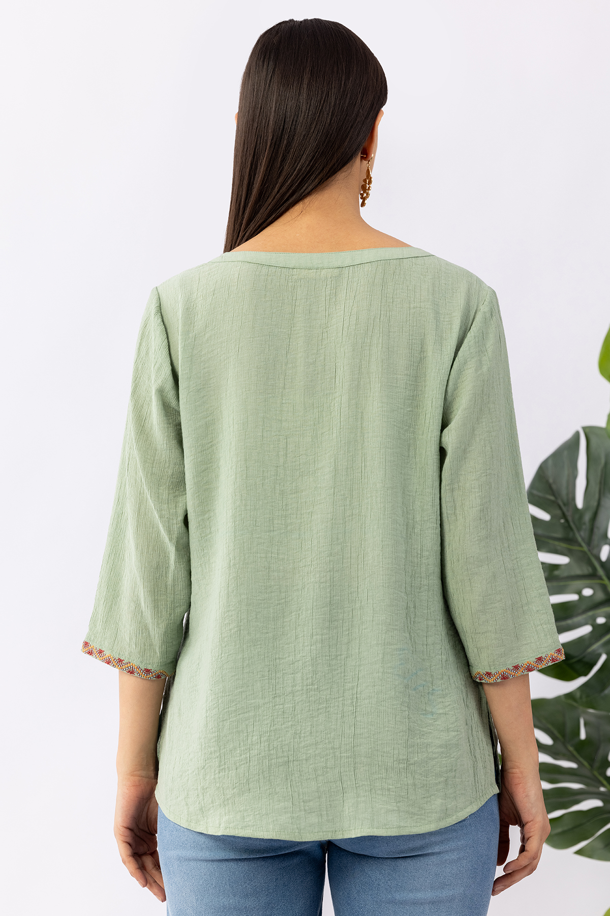 embroidered top women pista green viscose round neck 3/4 sleeves