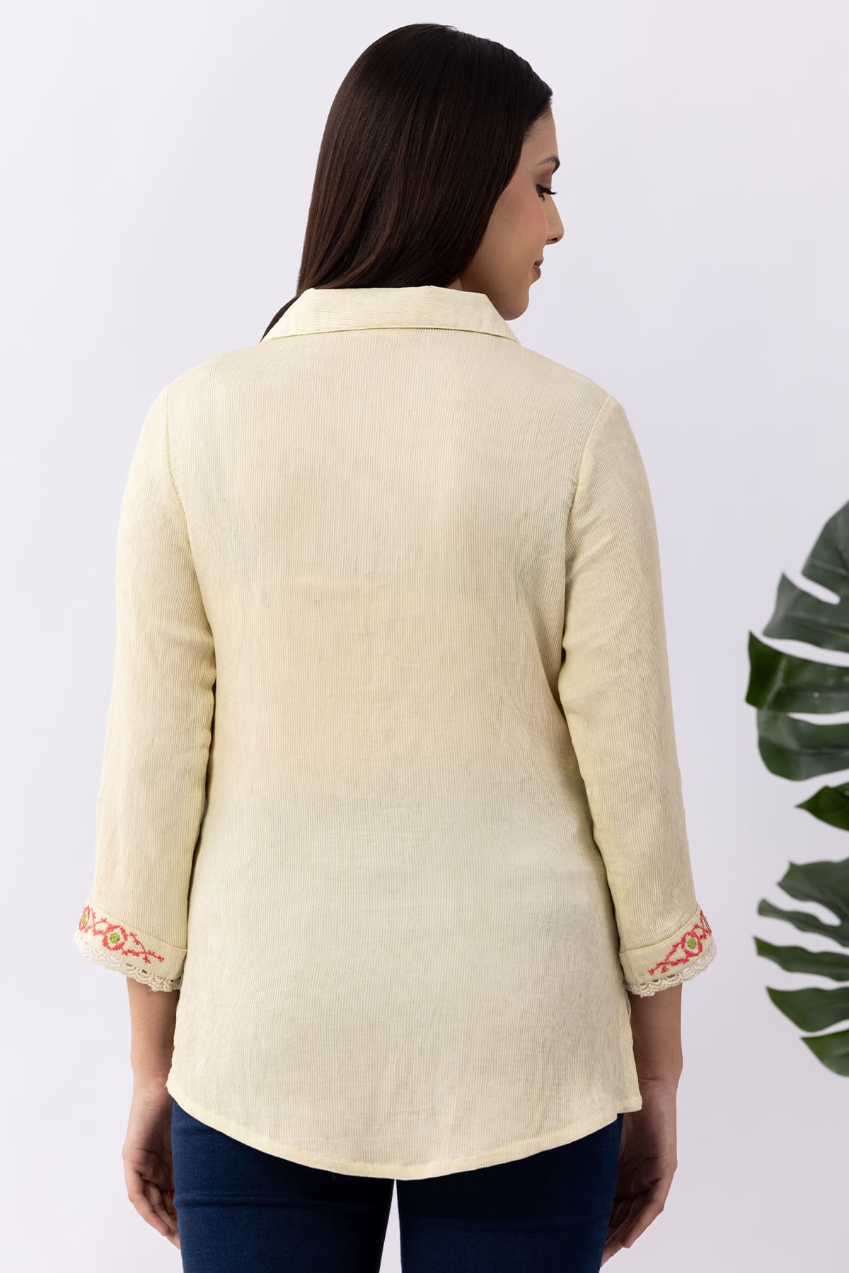 Embroidered cream viscose collar top for women with 3/4 sleeves
