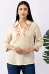 Embroidered cream viscose collar top for women with 3/4 sleeves
