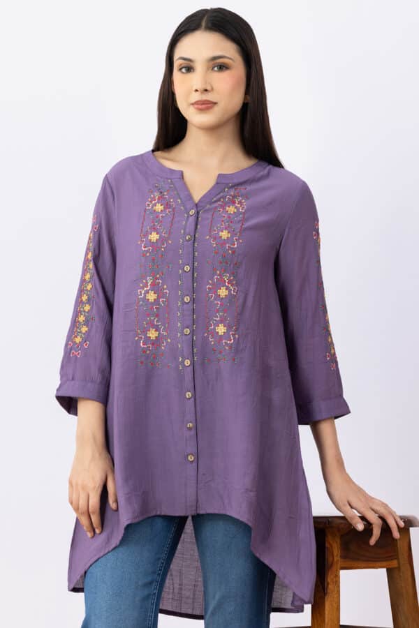 embroidered tunic women purple viscose round neck with 3/4 sleeves