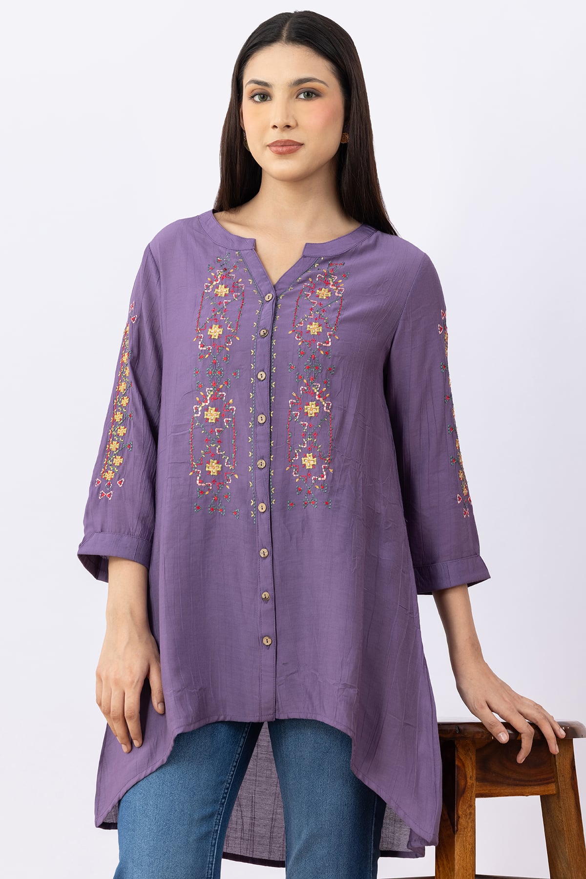 embroidered tunic women purple viscose round neck with 3/4 sleeves