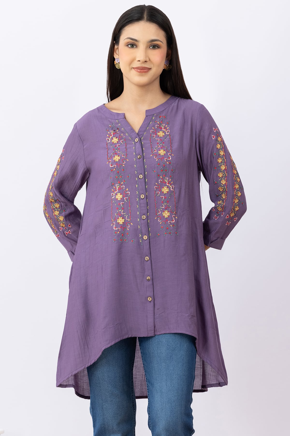 embroidered tunic women purple viscose round neck with 3/4 sleeves