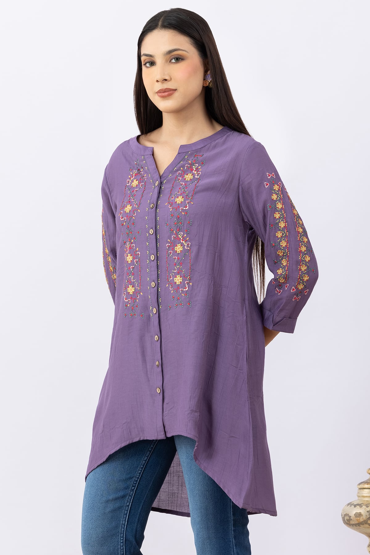 embroidered tunic women purple viscose round neck with 3/4 sleeves