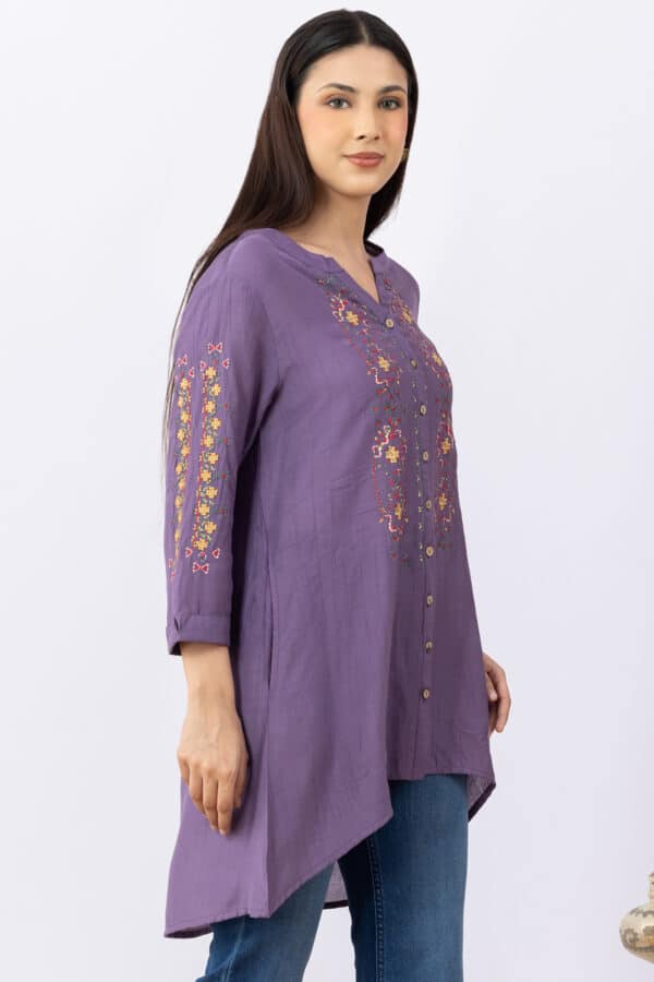 embroidered tunic women purple viscose round neck with 3/4 sleeves