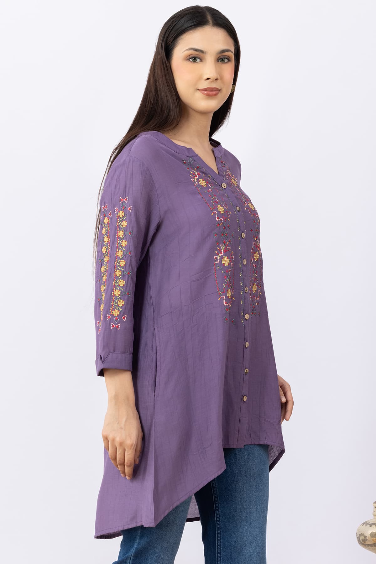 embroidered tunic women purple viscose round neck with 3/4 sleeves