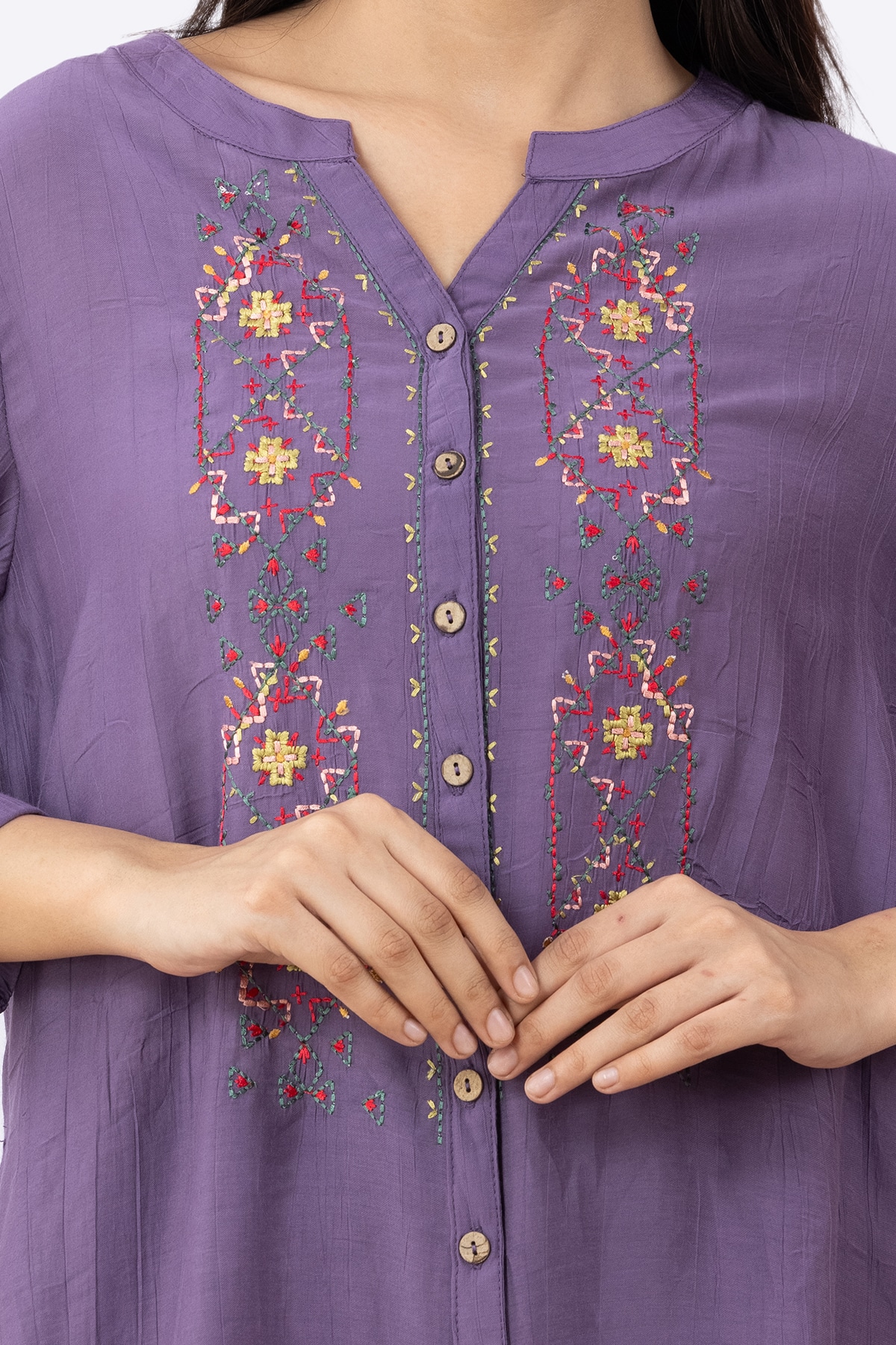 embroidered tunic women purple viscose round neck with 3/4 sleeves