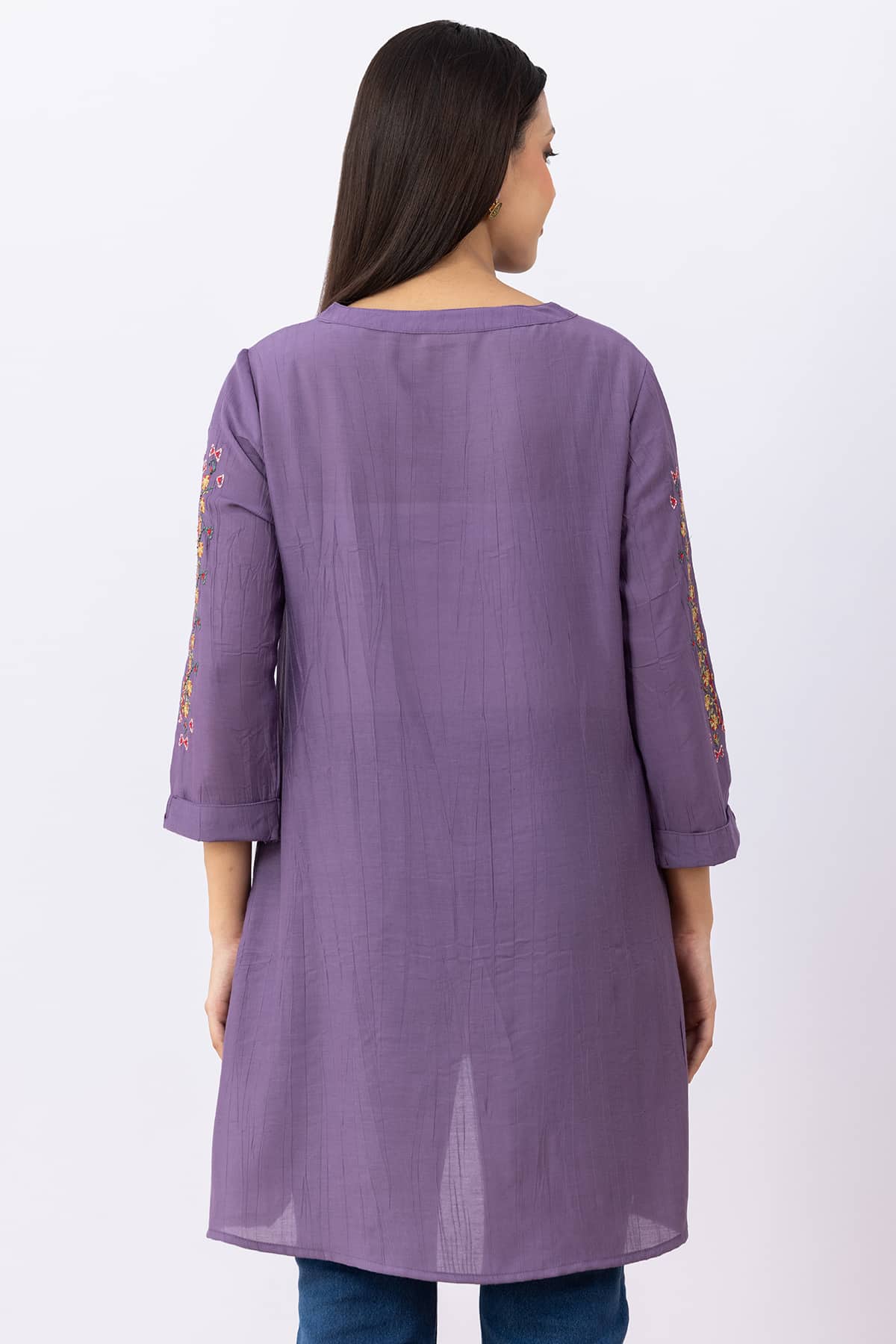 embroidered tunic women purple viscose round neck with 3/4 sleeves