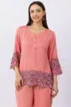 Pink co-ord set for women with embroidered top and matching pants