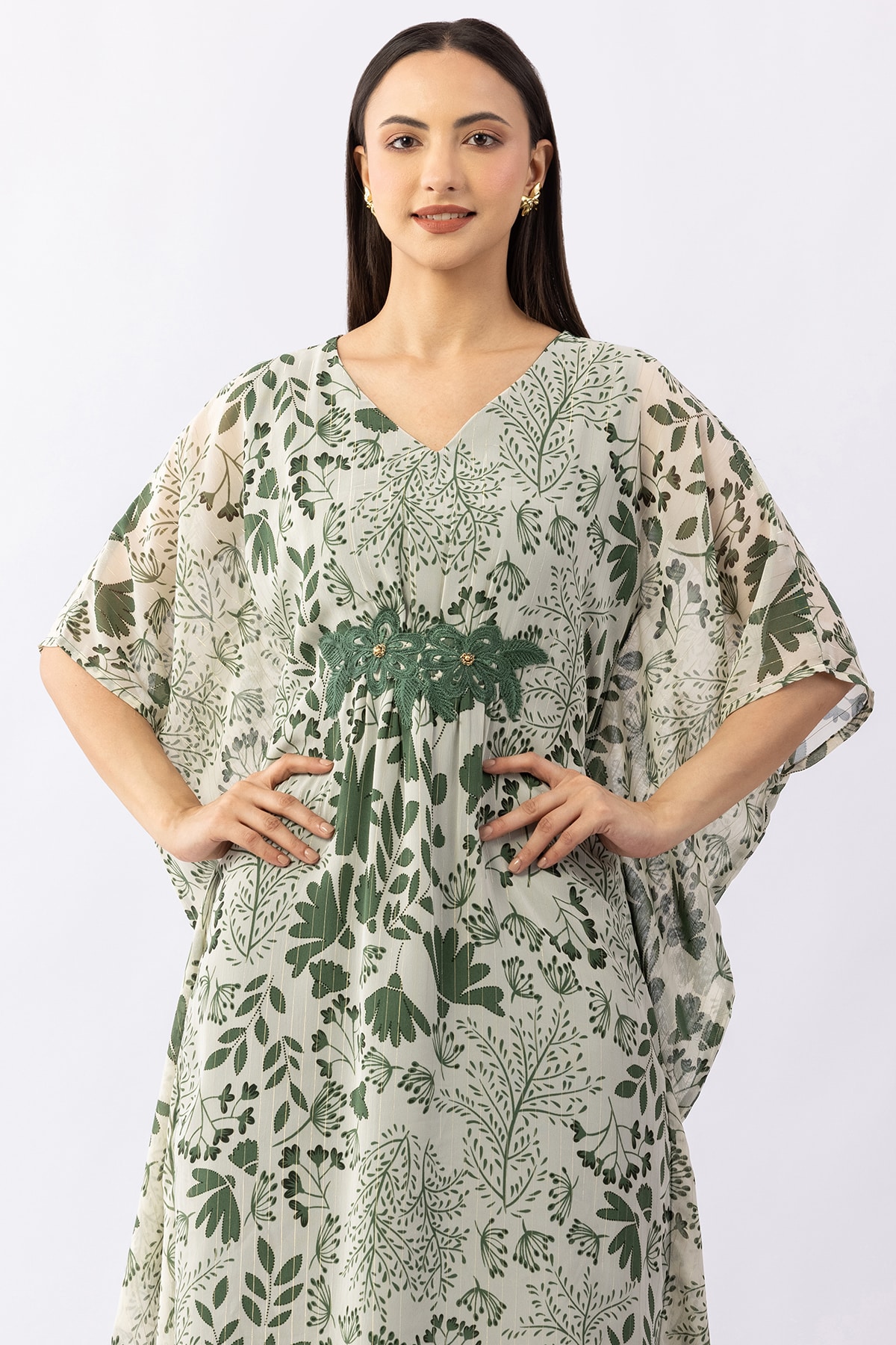 green kaftan dress printed lurex georgette v neck with kimono sleeves