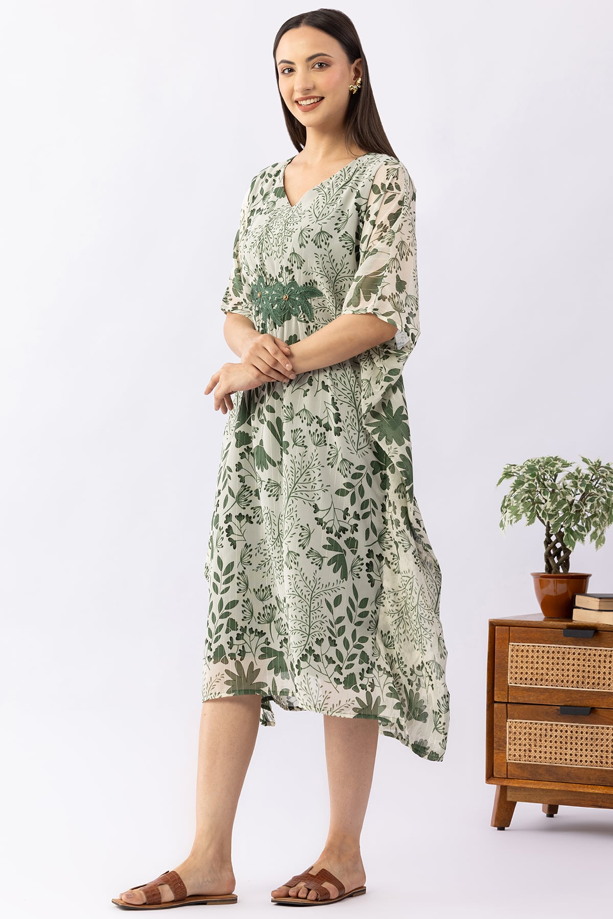 green kaftan dress printed lurex georgette v neck with kimono sleeves