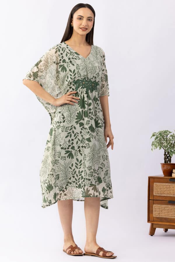 green kaftan dress printed lurex georgette v neck with kimono sleeves