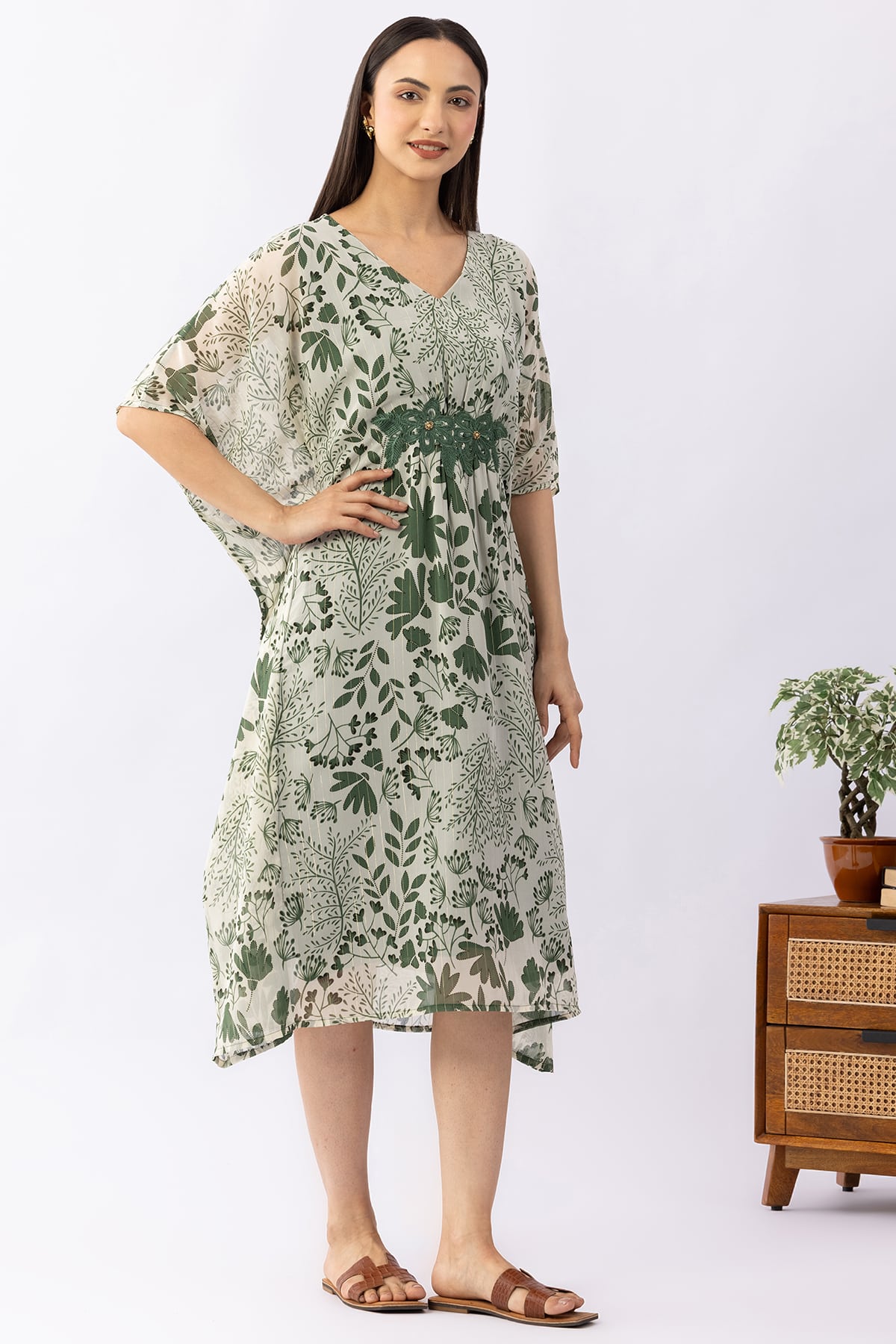 green kaftan dress printed lurex georgette v neck with kimono sleeves