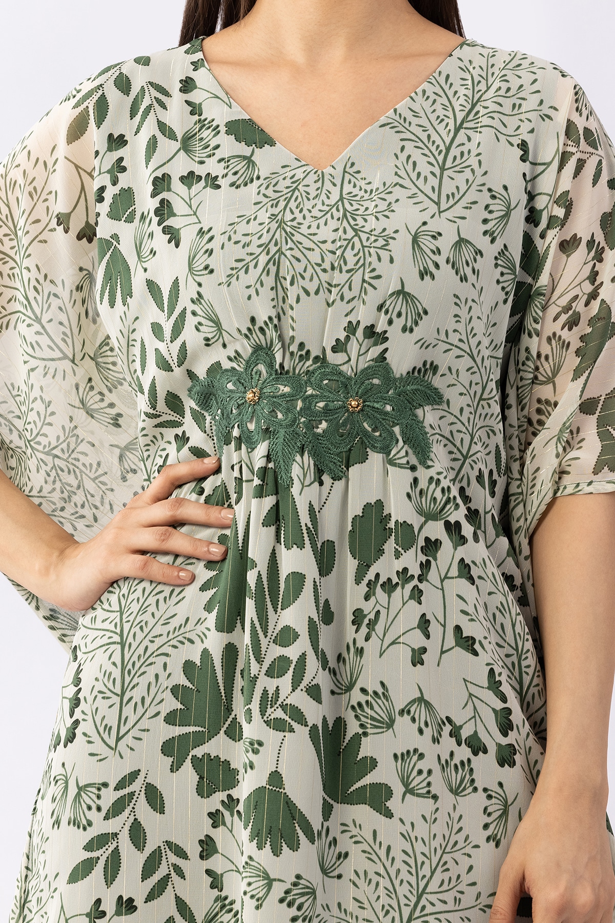 green kaftan dress printed lurex georgette v neck with kimono sleeves