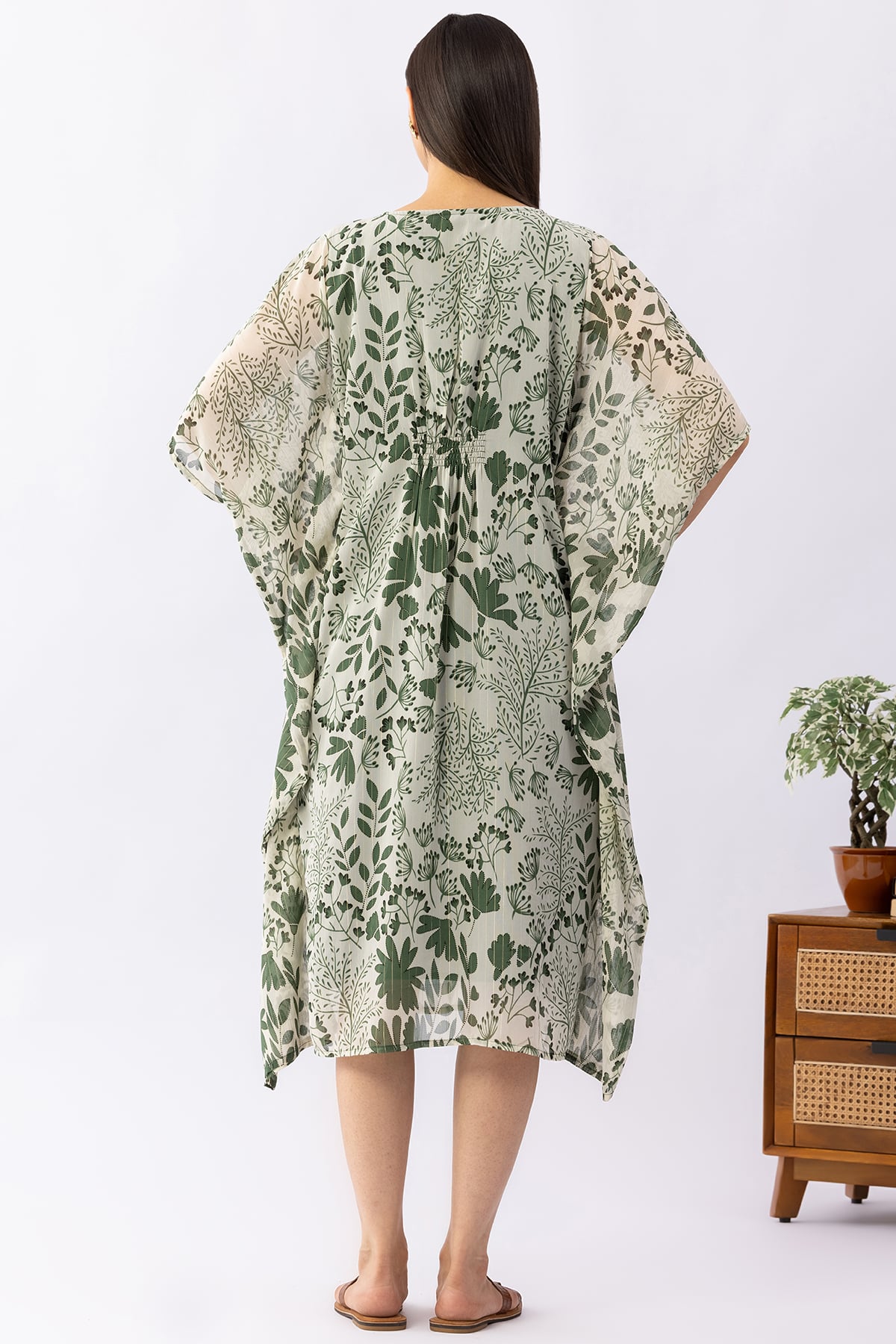 green kaftan dress printed lurex georgette v neck with kimono sleeves