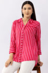 Red striped viscose modal shirt for women with collared neck and 3/4 sleeves
