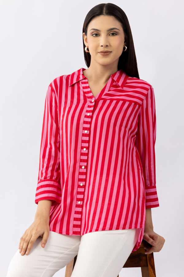 Red striped viscose modal shirt for women with collared neck and 3/4 sleeves