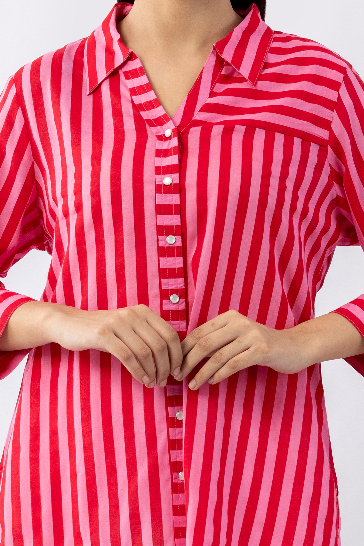 Red striped viscose modal shirt for women with collared neck and 3/4 sleeves