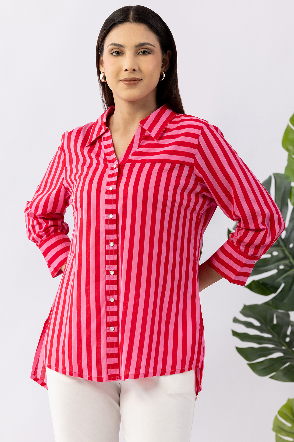 Red striped viscose modal shirt for women with collared neck and 3/4 sleeves