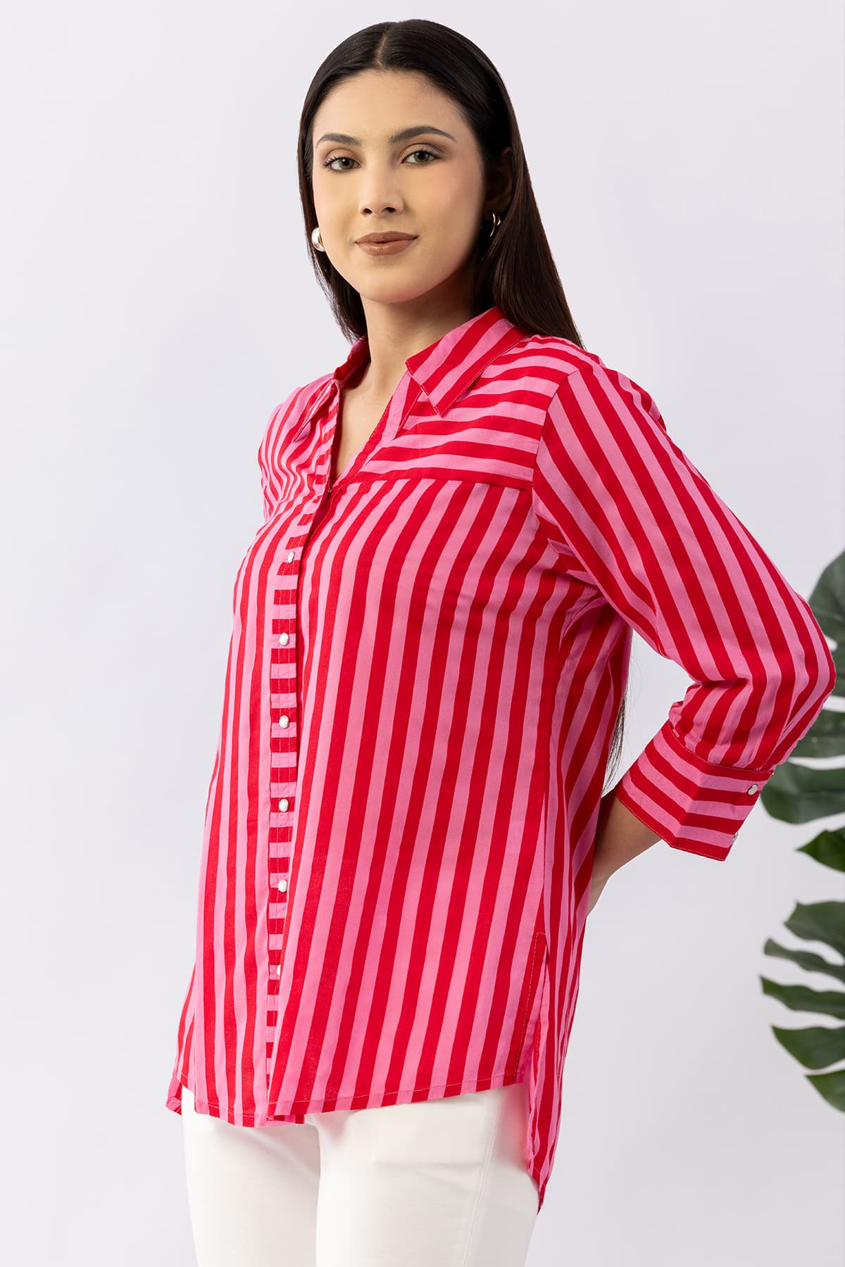 Red striped viscose modal shirt for women with collared neck and 3/4 sleeves