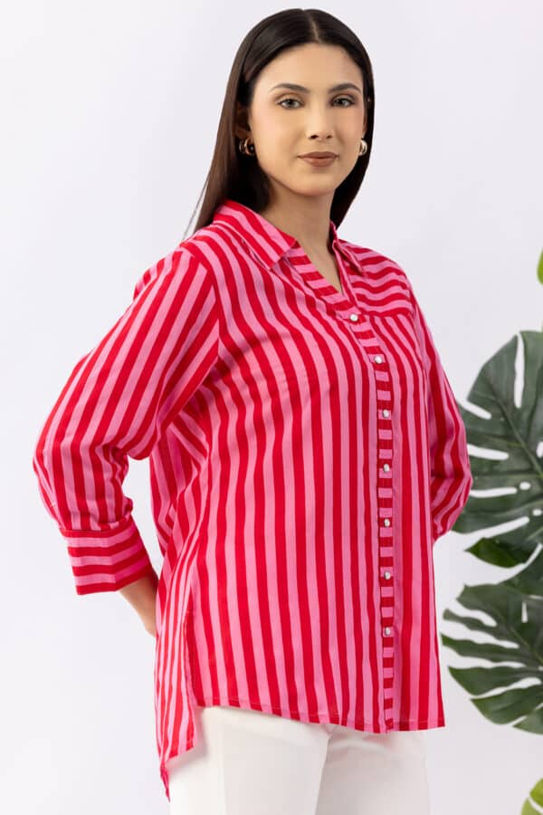 Red striped viscose modal shirt for women with collared neck and 3/4 sleeves