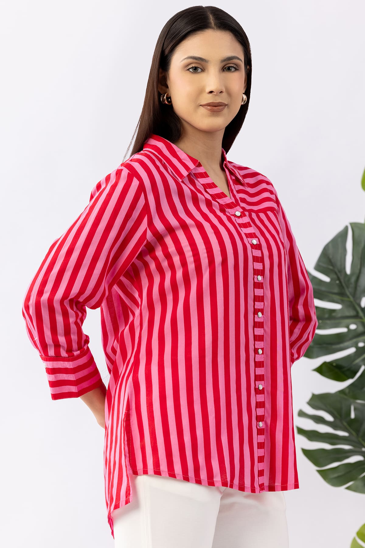 Red striped viscose modal shirt for women with collared neck and 3/4 sleeves