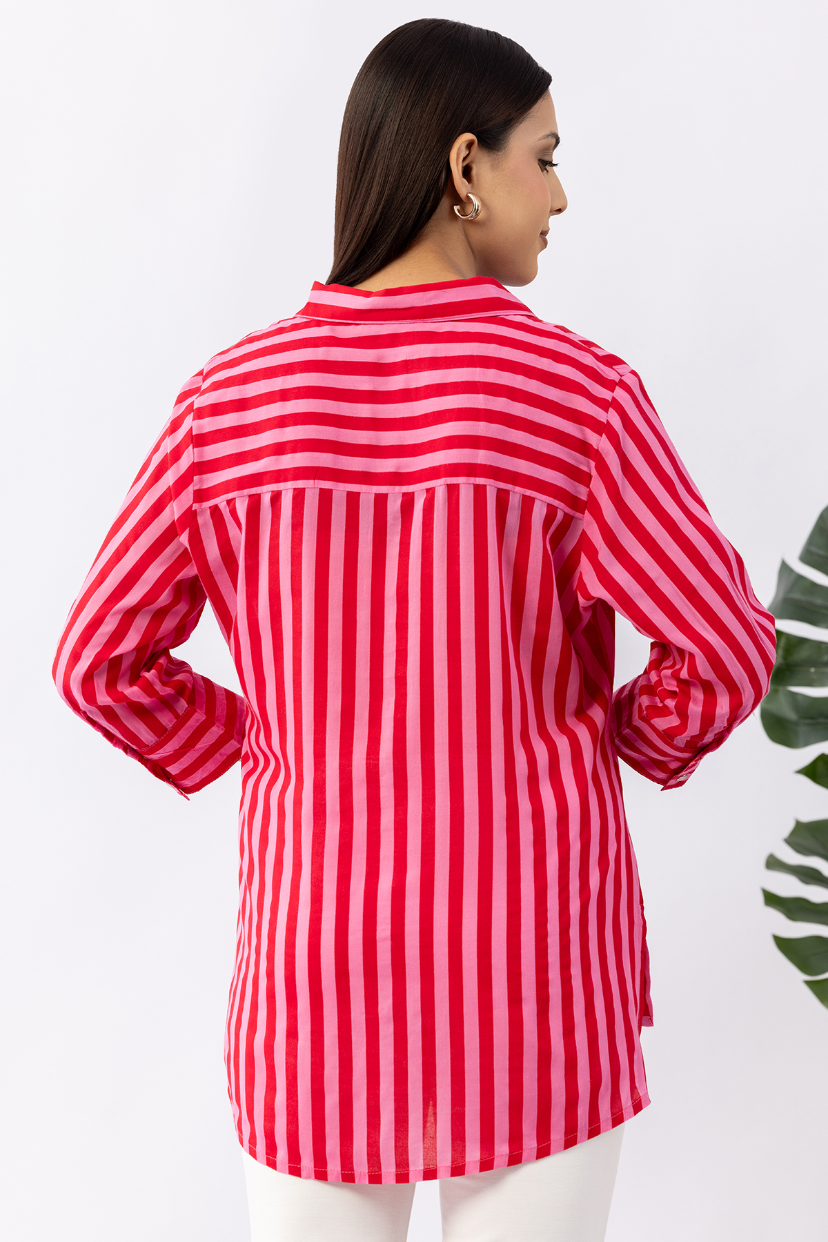 Red striped viscose modal shirt for women with collared neck and 3/4 sleeves