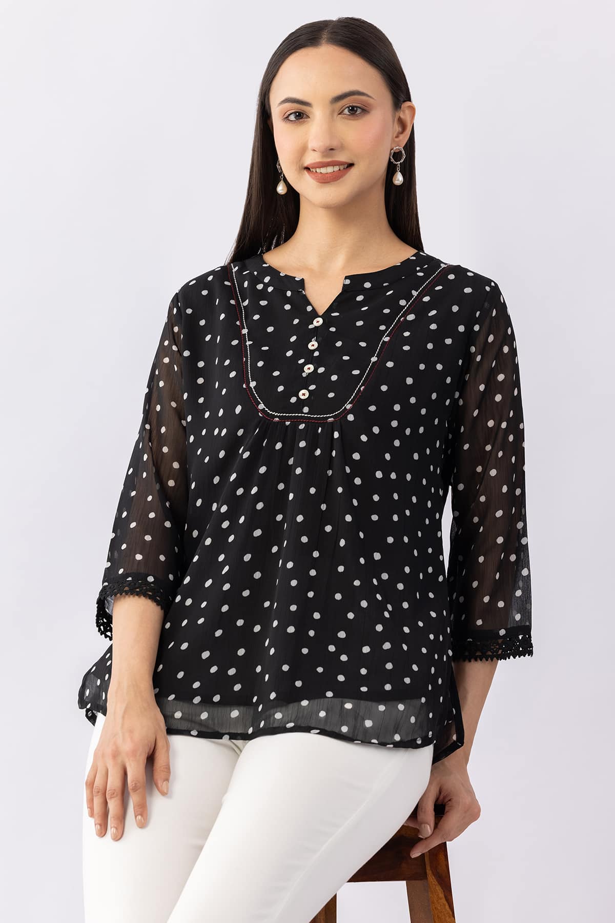 Printed black chiffon top for women with mandarin collar and 3/4 sleeves