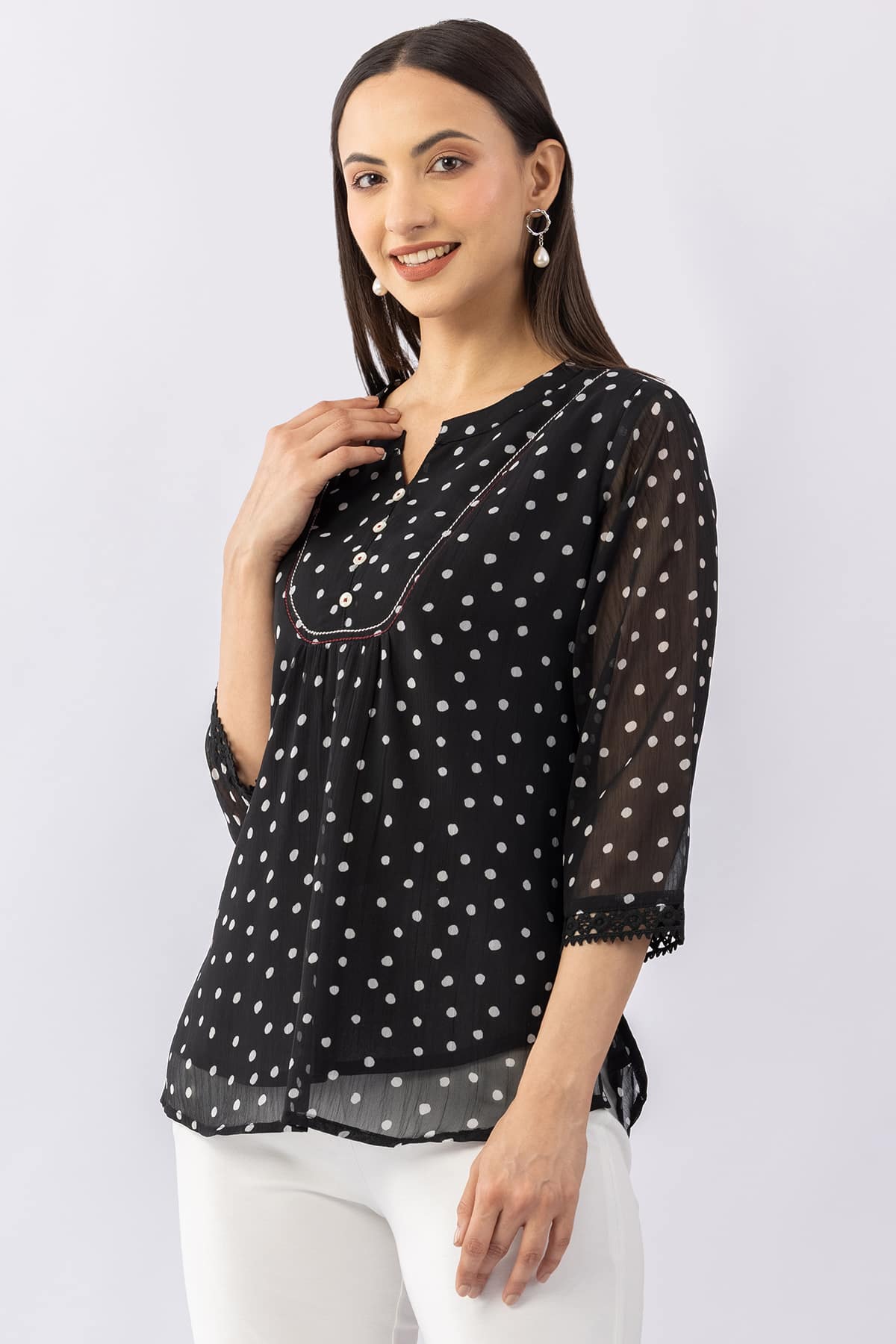 Printed black chiffon top for women with mandarin collar and 3/4 sleeves