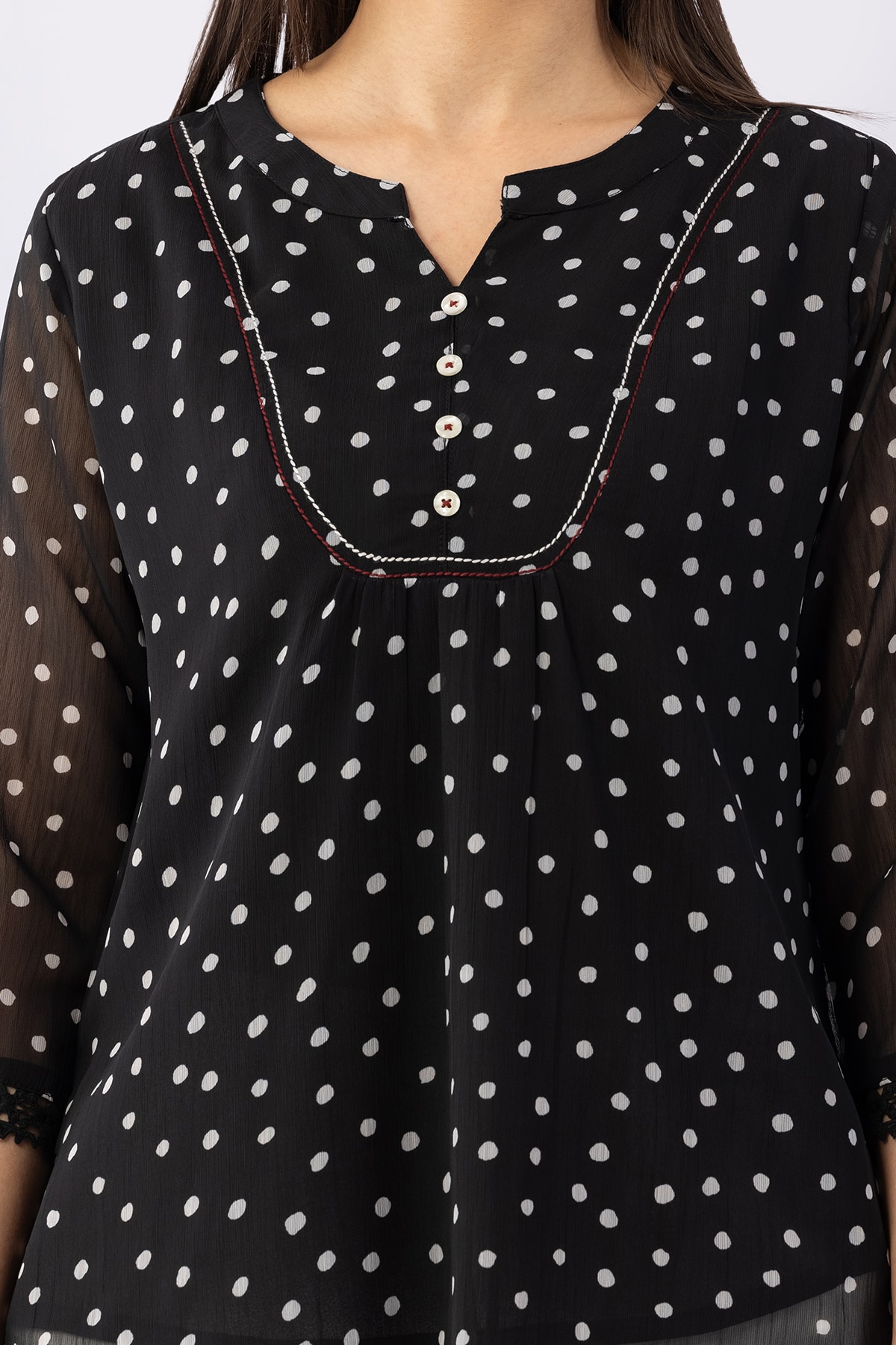 Printed black chiffon top for women with mandarin collar and 3/4 sleeves