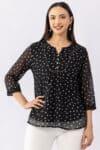 Printed black chiffon top for women with mandarin collar and 3/4 sleeves