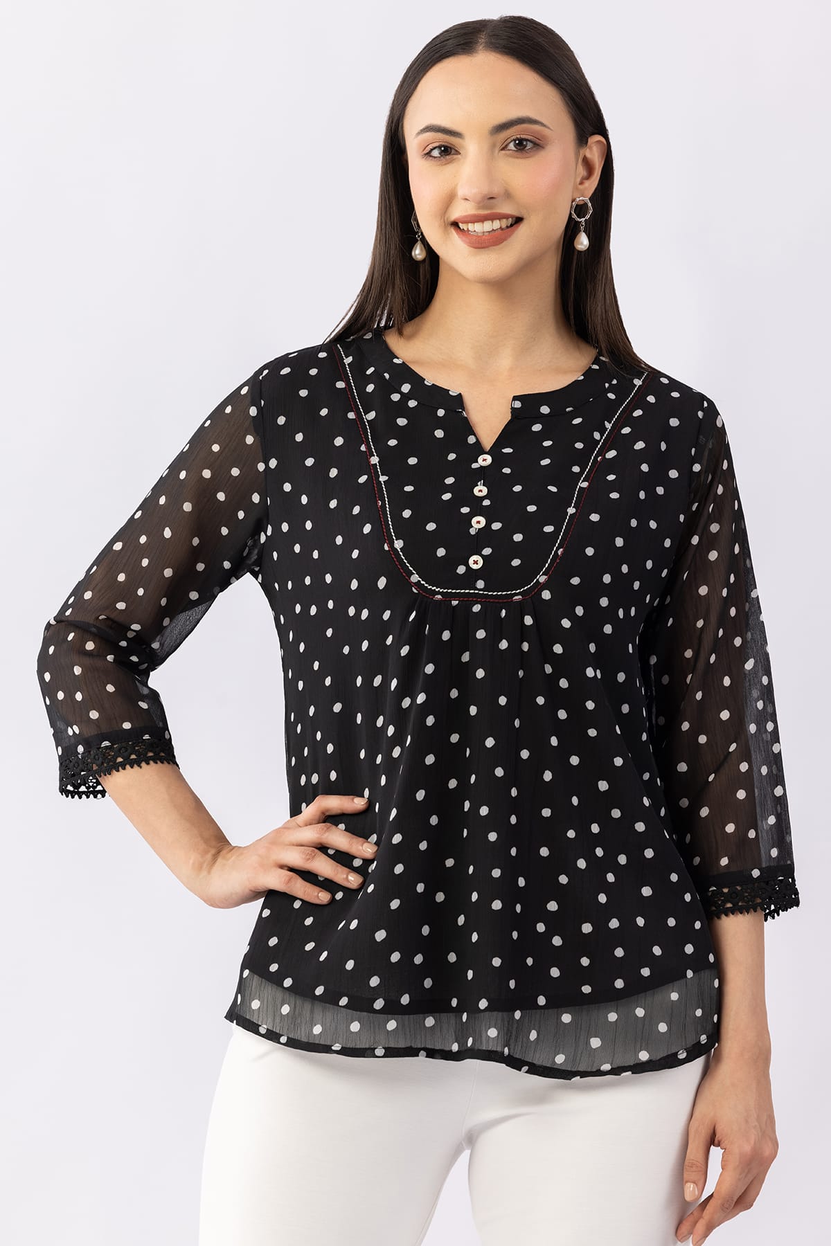 Printed black chiffon top for women with mandarin collar and 3/4 sleeves