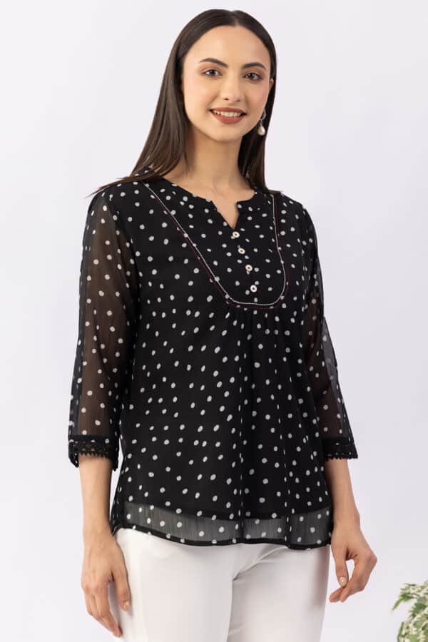 Printed black chiffon top for women with mandarin collar and 3/4 sleeves
