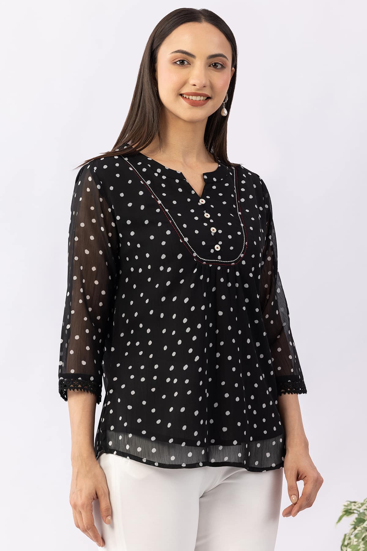 Printed black chiffon top for women with mandarin collar and 3/4 sleeves