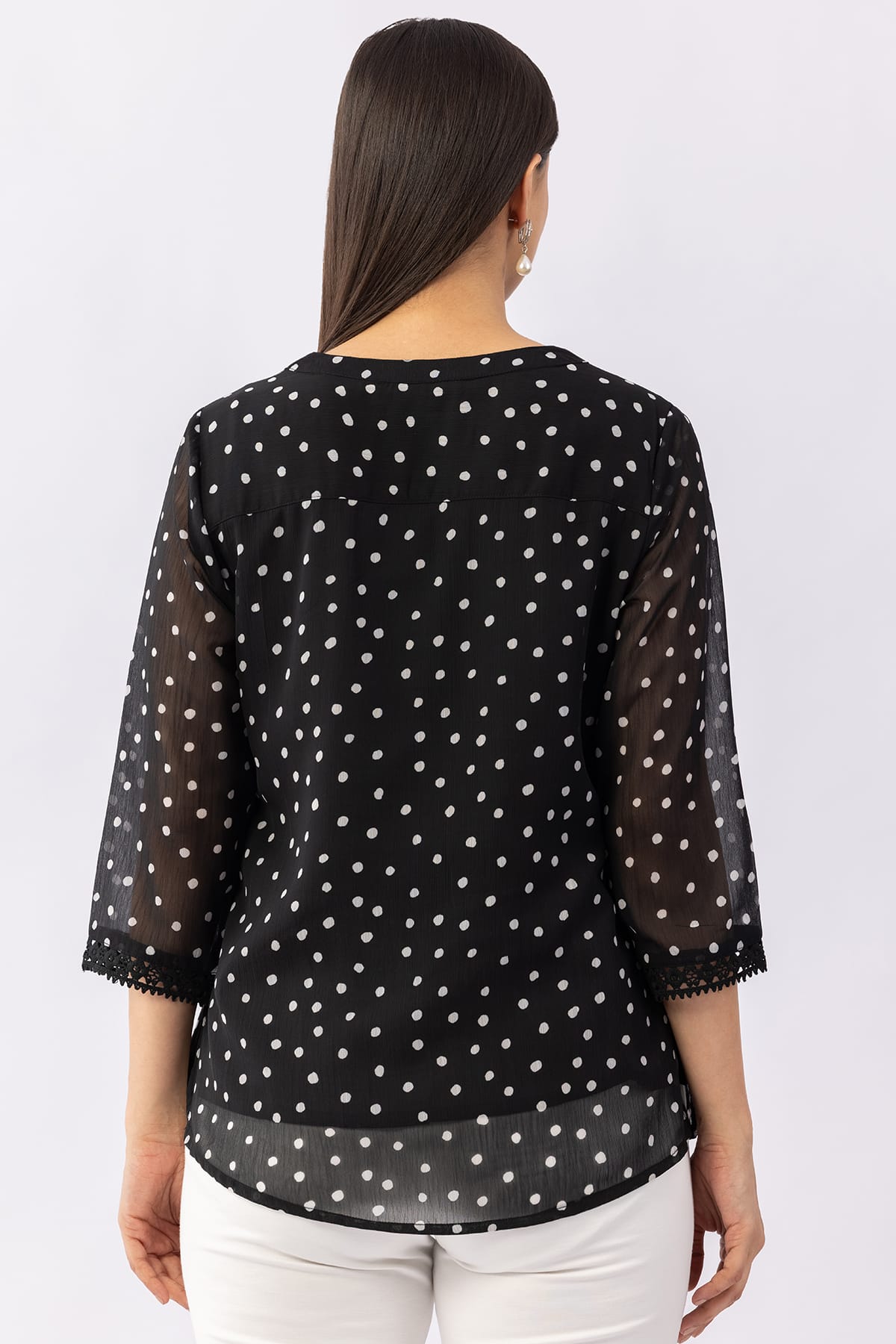 Printed black chiffon top for women with mandarin collar and 3/4 sleeves