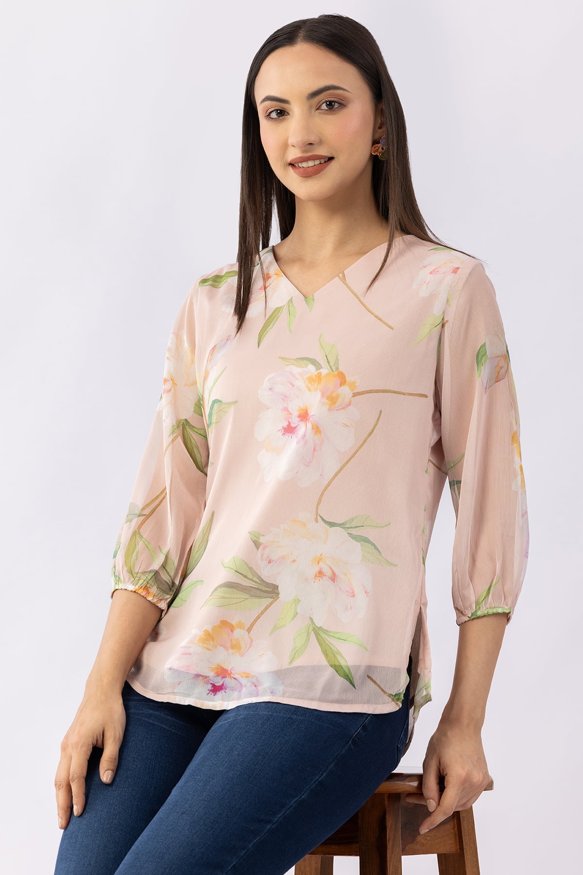 Printed peach chiffon top for women with V neck and 3/4 sleeves