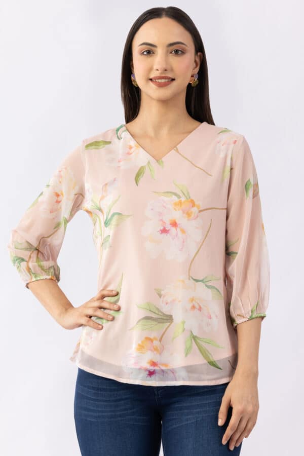 Printed peach chiffon top for women with V neck and 3/4 sleeves