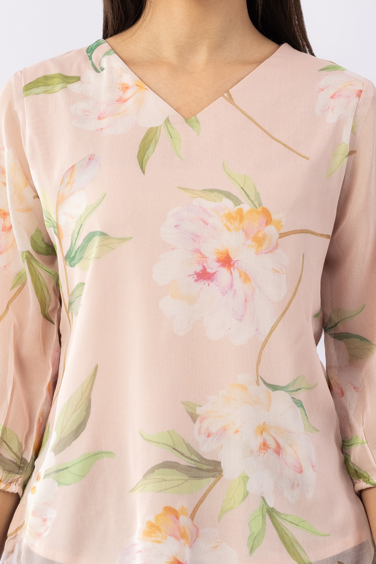 Printed peach chiffon top for women with V neck and 3/4 sleeves