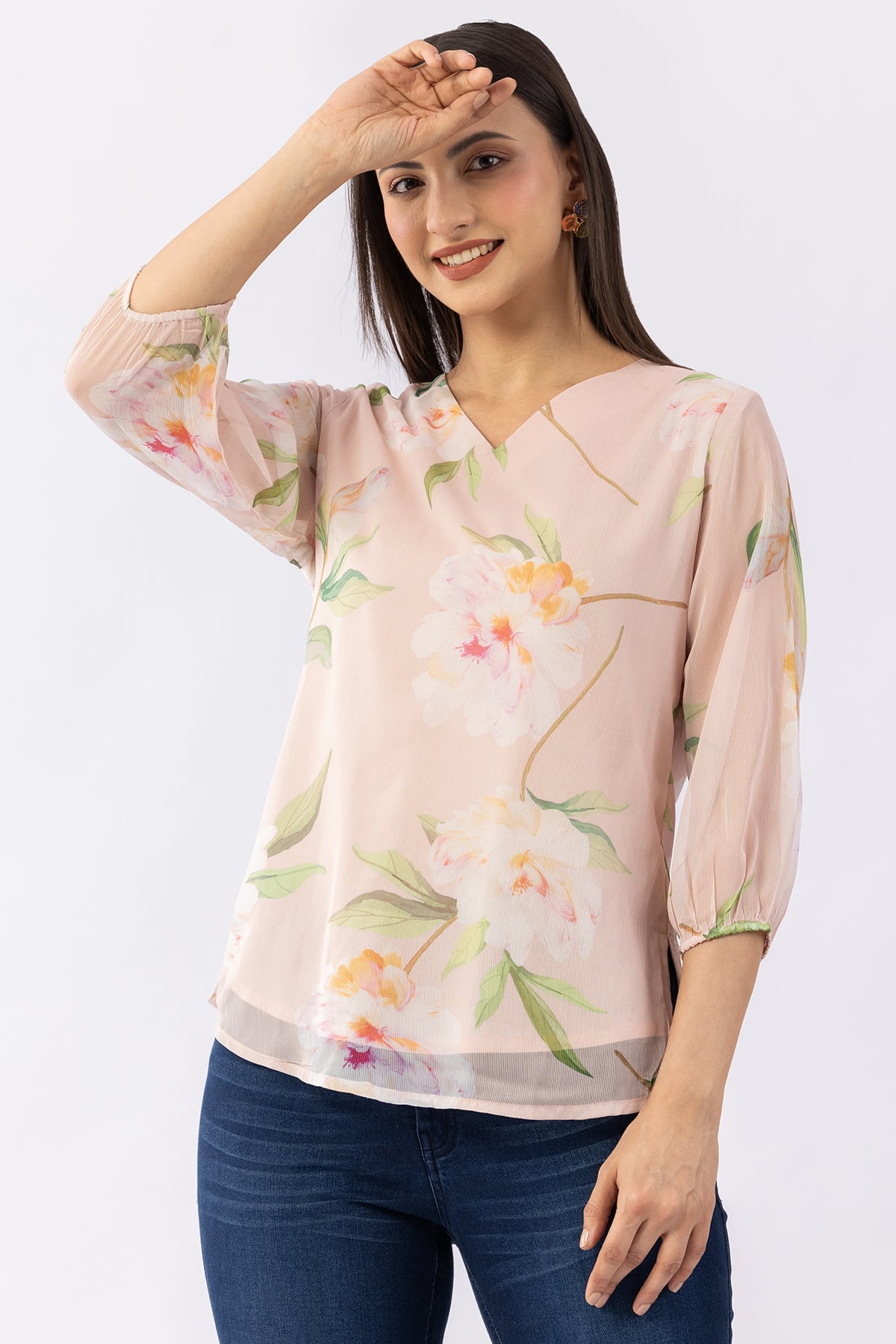 Printed peach chiffon top for women with V neck and 3/4 sleeves