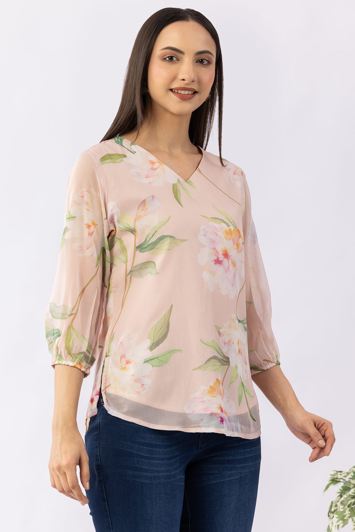 Printed peach chiffon top for women with V neck and 3/4 sleeves