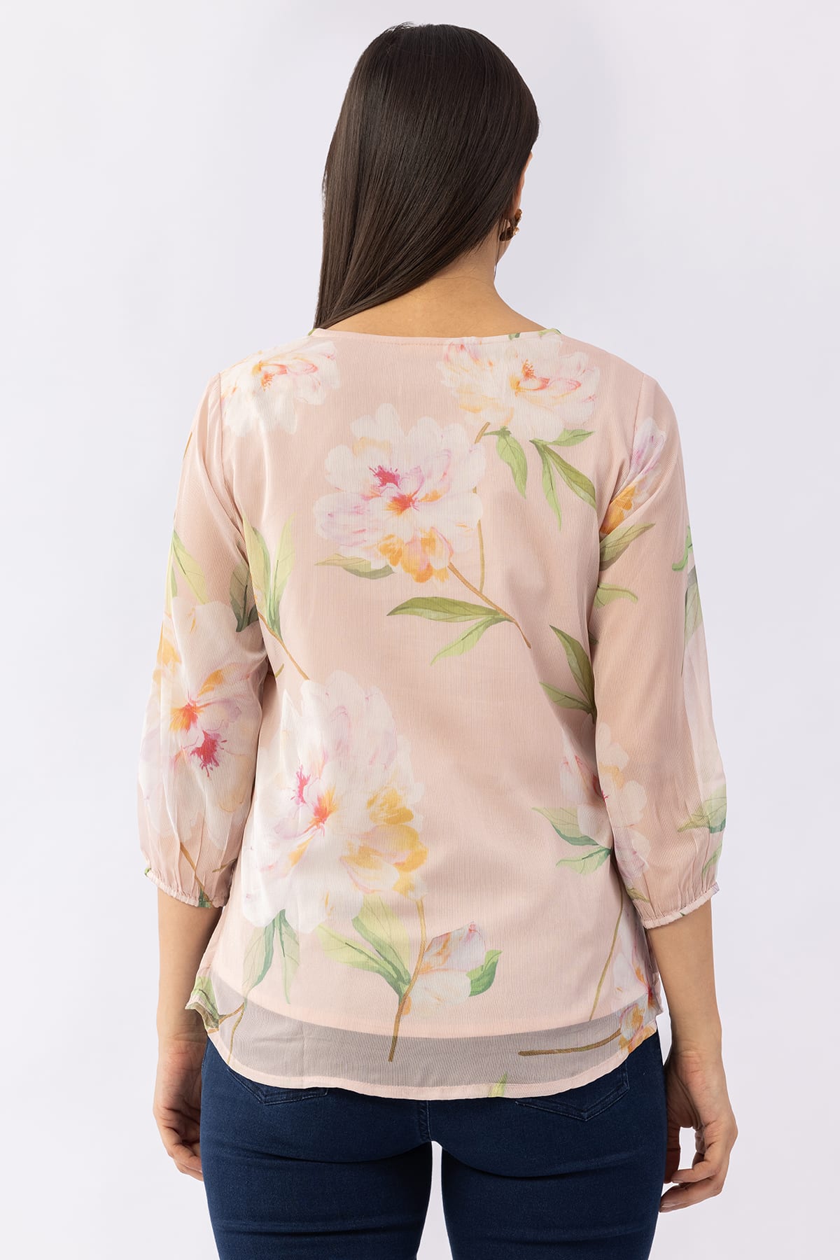Printed peach chiffon top for women with V neck and 3/4 sleeves