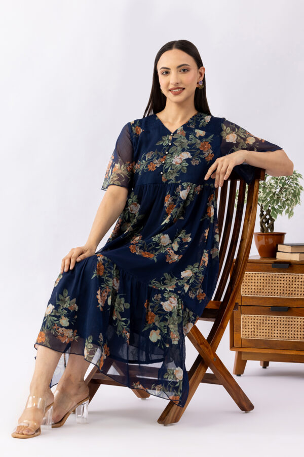 indigo dress printed chiffon v neck half sleeves casual wear