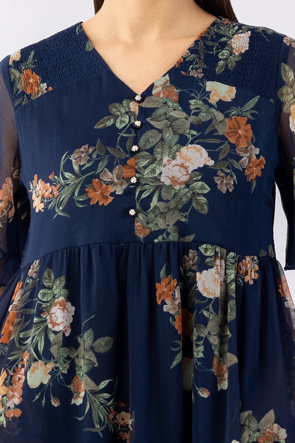indigo dress printed chiffon v neck half sleeves casual wear