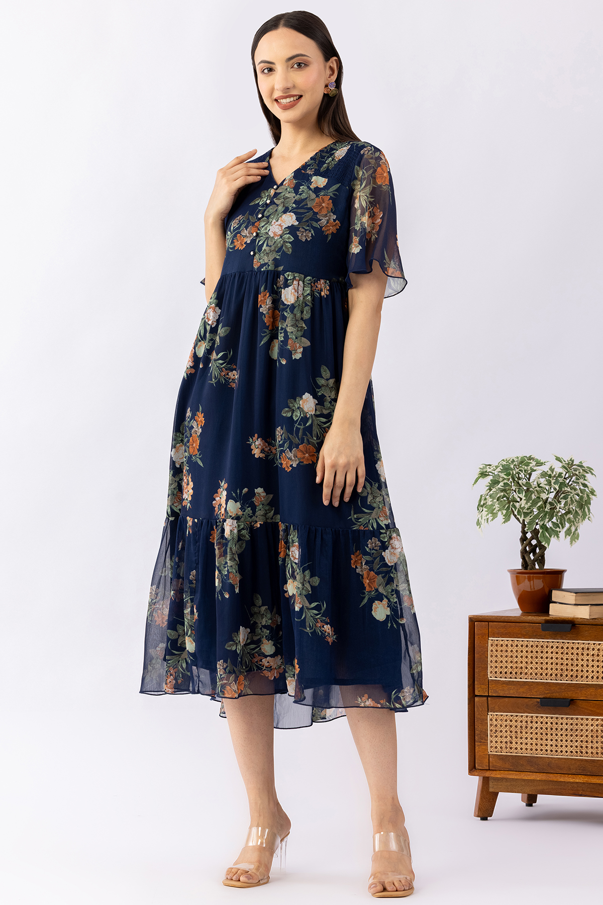 indigo dress printed chiffon v neck half sleeves casual wear