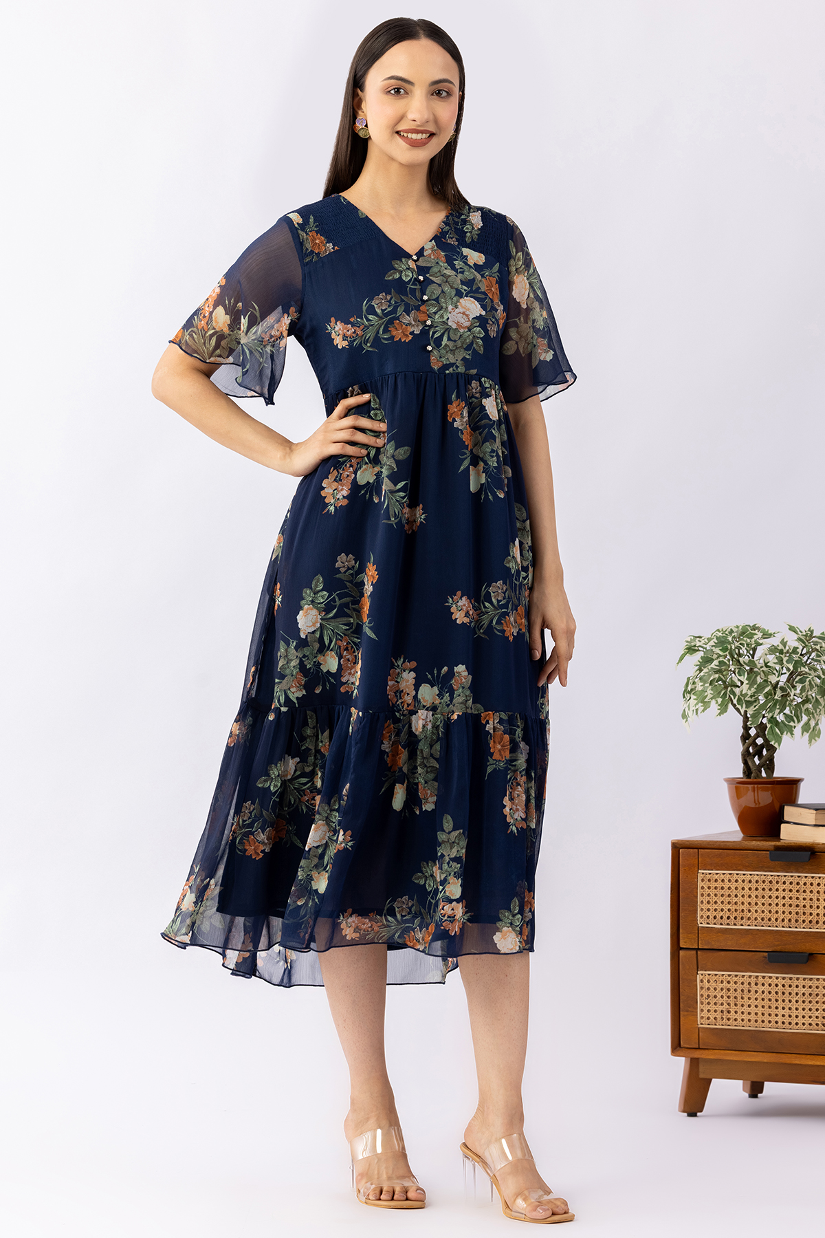 indigo dress printed chiffon v neck half sleeves casual wear