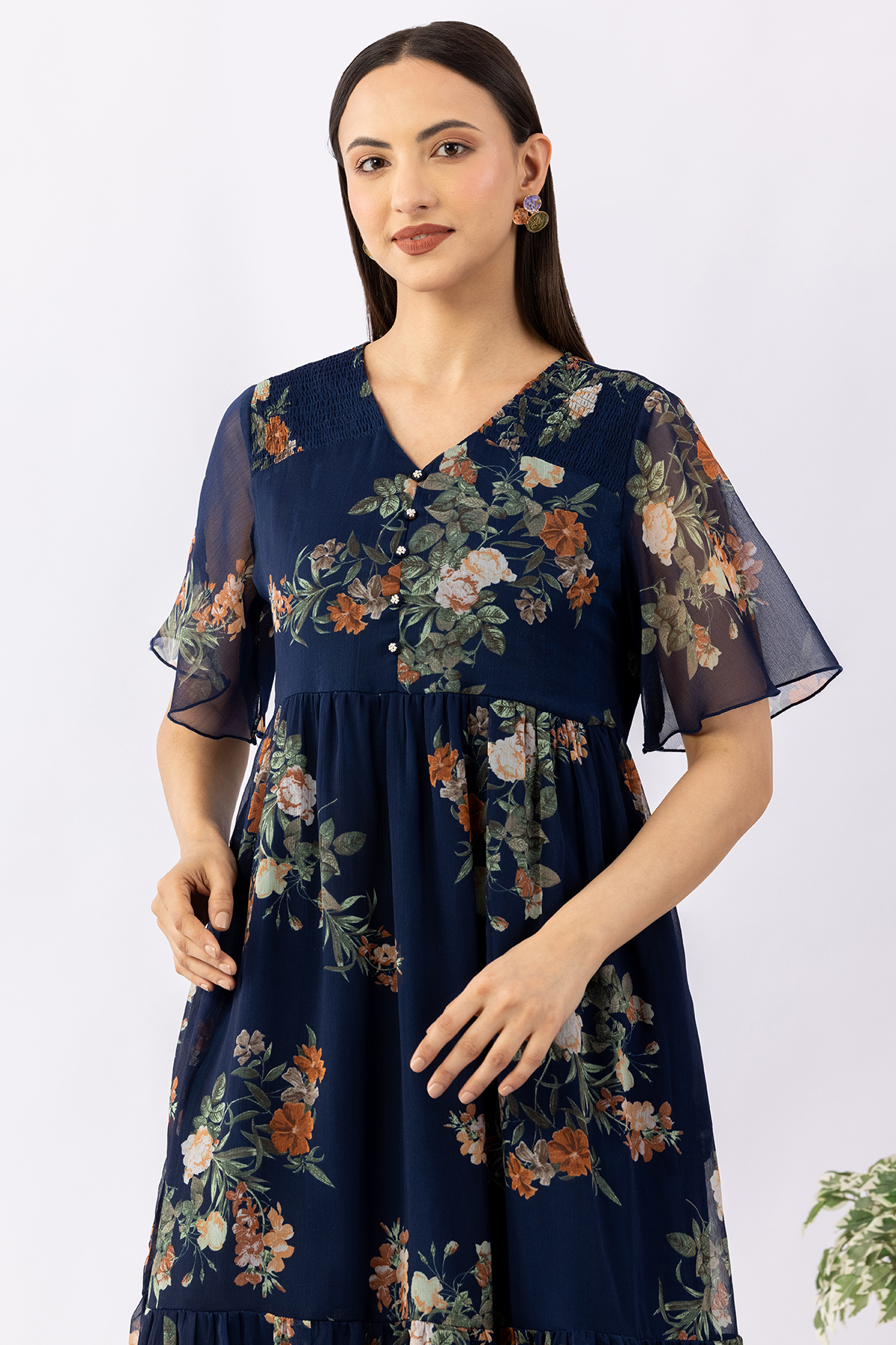 indigo dress printed chiffon v neck half sleeves casual wear