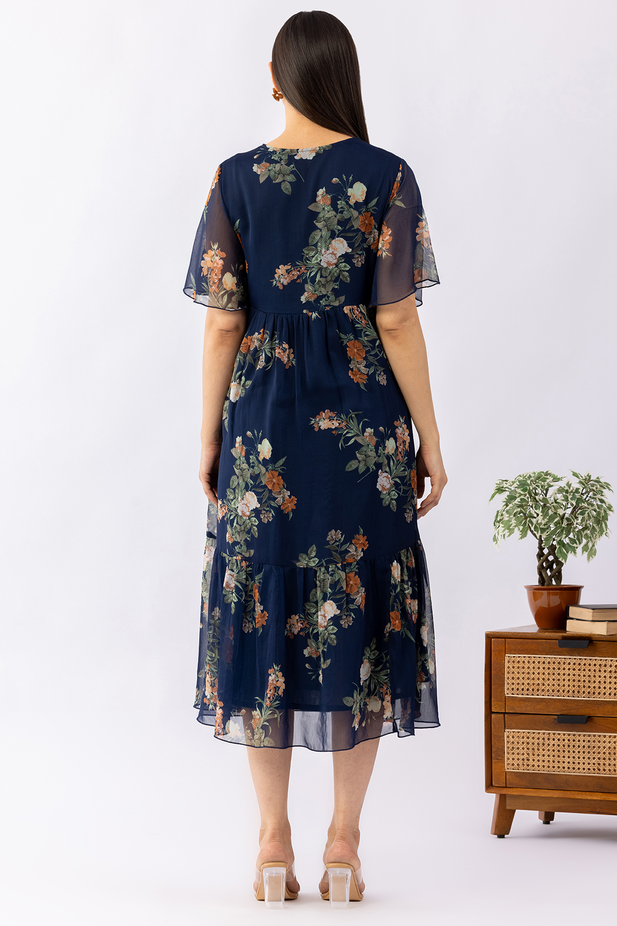 indigo dress printed chiffon v neck half sleeves casual wear