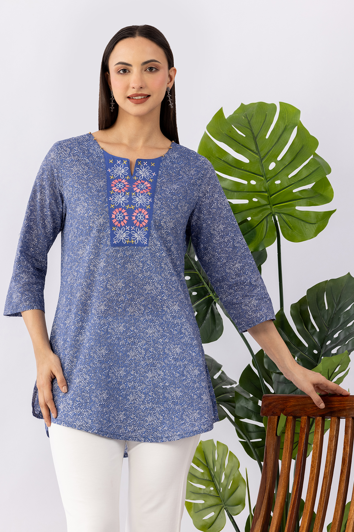cotton tunic women blue embroidered round neck 3/4 sleeves regular fit